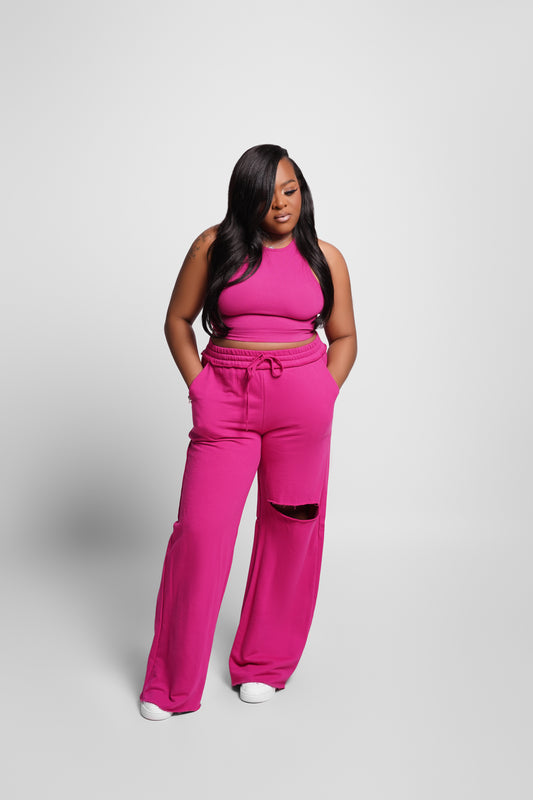 FRENCH TERRY WIDE LEG SLIT PANTS SET W/ CROPPED RIBBED TOP